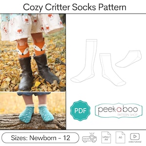 May include: A PDF pattern for Cozy Critter Socks, featuring a fox and arrow design. The pattern includes sizes from newborn to 12. The pattern is available in letter/A4 and A0 sizes. A video tutorial is also included.