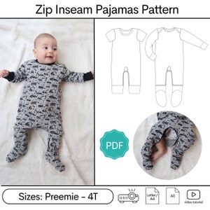 May include: A PDF pattern for making baby pajamas with a zip inseam. The pattern includes sizes from preemie to 4T. The image shows a baby wearing a pair of pajamas made from the pattern.