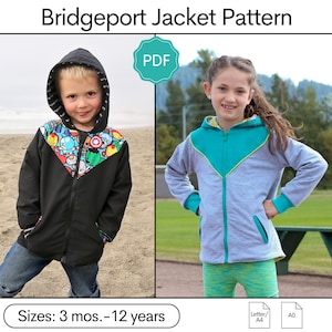 Puede incluir: Un patrón PDF para una chaqueta Bridgeport para niños, con dos modelos que llevan la chaqueta. La chaqueta está disponible en tallas de 3 meses a 12 años. El patrón está disponible en tallas Letter/A4 y A0.