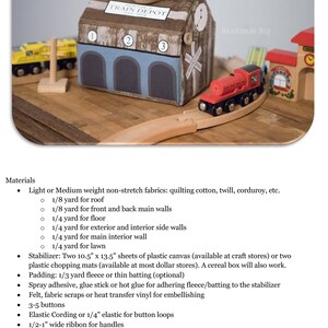 Peut inclure: Un patron de couture pour une maison de jeu de gare. Le patron comprend des instructions pour la fabrication d'une gare avec un toit, des murs et un sol. Le patron comprend &eacute;galement des instructions pour la fabrication d'une voie ferr&eacute;e et d'un train. Le patron est r&eacute;alis&eacute; par Peek-a-Boo Pattern Shop.