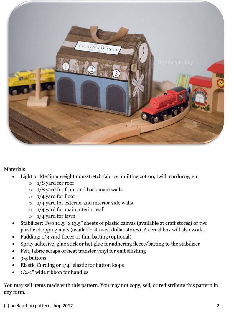 Peut inclure: Un patron de couture pour une maison de jeu de gare. Le patron comprend des instructions pour la fabrication d'une gare avec un toit, des murs et un sol. Le patron comprend &eacute;galement des instructions pour la fabrication d'une voie ferr&eacute;e et d'un train. Le patron est r&eacute;alis&eacute; par Peek-a-Boo Pattern Shop.