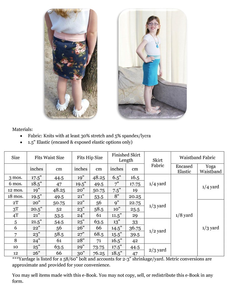 Puede incluir: Un gr&aacute;fico con instrucciones para coser una falda para ni&ntilde;os. El gr&aacute;fico incluye medidas en pulgadas y cent&iacute;metros para diferentes tallas, desde 3 meses hasta 12 a&ntilde;os. El gr&aacute;fico tambi&eacute;n incluye los requisitos de tela para la falda y la cintura.