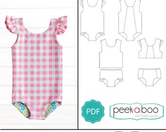 May include: A PDF sewing pattern for a reversible swimsuit with ruffled straps. The pattern includes sizes for 3 months to 12 years. The pattern is available in Letter/A4 and A0 sizes. A video tutorial is also included.