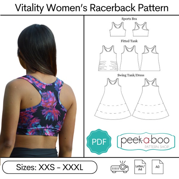 Patrón de costura de sujetador deportivo y camiseta sin mangas Vitality Racerback: patrón de camiseta sin mangas para mujer, patrón de sujetador deportivo para mujer