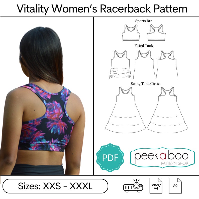 May include: A digital download pattern for a racerback top, sports bra, and swing tank or dress. The pattern is available in sizes XXS to XXXL and comes in PDF format. The pattern is from peek-a-boo pattern shop.