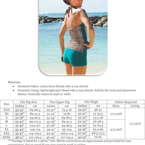 May include: A chart showing the measurements for different sizes of swimwear. The chart includes measurements for the hips, upper hip, and thigh in both inches and centimeters. The chart also includes the amount of fabric required for each size, in both main fabric and lining.