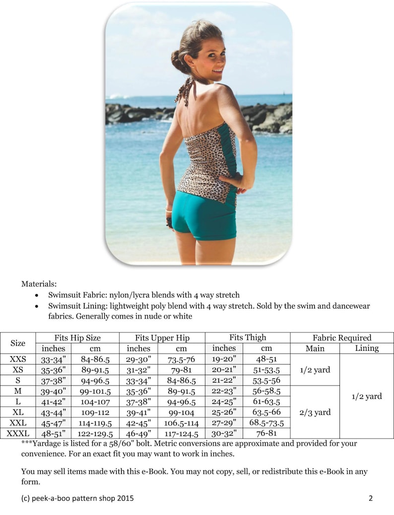 May include: A chart showing the measurements for different sizes of swimwear. The chart includes measurements for the hips, upper hip, and thigh in both inches and centimeters. The chart also includes the amount of fabric required for each size, in both main fabric and lining.