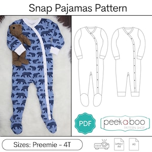 Lullaby  Line Snap Pajamas: Baby Pajamas Sewing Pattern, Footed Pajamas Sewing Pattern