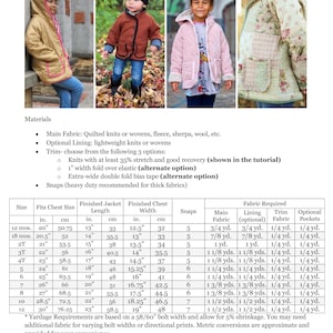 May include: A chart with instructions for making quilted jackets for children. The chart includes measurements for different sizes, fabric requirements, and trim options. The chart also includes a photo of a child wearing a quilted jacket.