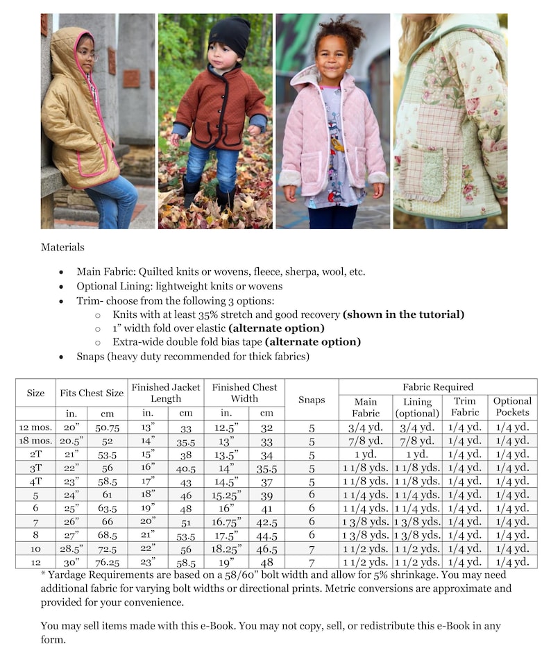 May include: A chart with instructions for making quilted jackets for children. The chart includes measurements for different sizes, fabric requirements, and trim options. The chart also includes a photo of a child wearing a quilted jacket.