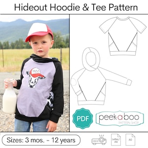 May include: A PDF sewing pattern for a hoodie and tee shirt for children. The pattern includes sizes from 3 months to 12 years. The pattern is available in Letter/A4 and A0 sizes. The pattern is for a hoodie with a cow graphic and a tee shirt with a geometric design.
