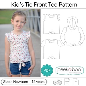 May include: A PDF pattern for a kid's tie front tee shirt. The pattern includes instructions for making a short-sleeved tee with ruffles, a long-sleeved tee with a hood, and a short-sleeved tee with a tie front. The pattern is available in sizes newborn to 12 years.