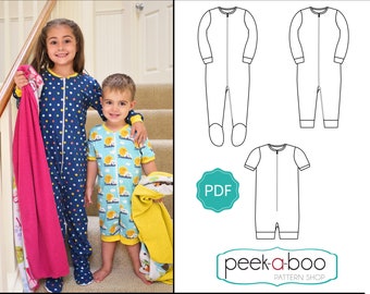 Pijama clásico con cremallera: Patrón de pijama enterizo, Patrón de pijama con pies, Patrón de pijama con cremallera, Patrón de costura en PDF