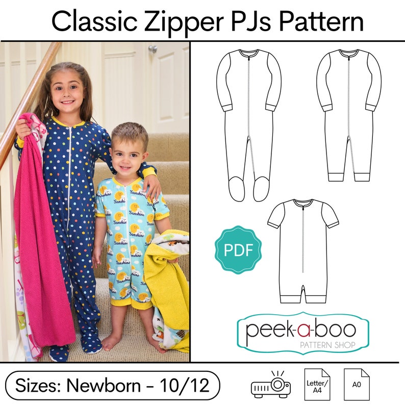 May include: A digital download pattern for making zippered pajamas for babies and children. The pattern includes sizes from newborn to 10/12. The image shows a child wearing a blue and white polka dot pajama and a younger child wearing a yellow and blue pajama with a sun design. The pattern is available in PDF format and can be printed on letter or A0 size paper.