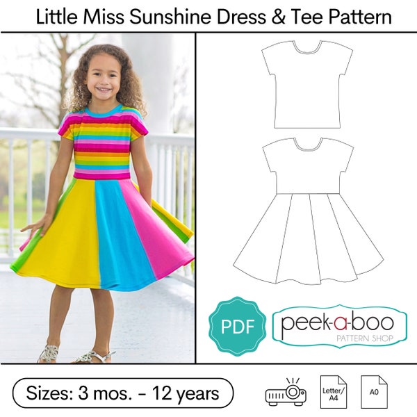 Little Miss Sunshine Dress & Tee: Dolman Tee Pattern, Twirly Dress Pattern, Circle Skirt
