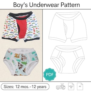 May include: A printable PDF pattern for boys' underwear in sizes 12 months to 12 years. The pattern includes two styles: boxer briefs and briefs. The pattern is shown on a white background with a blue and white patterned fabric and a blue and green patterned fabric.