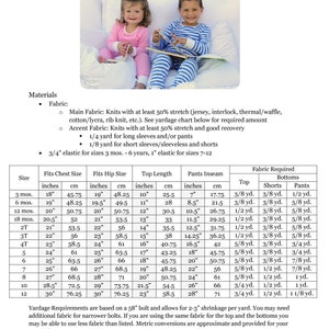 Puede incluir: Un gr&aacute;fico que muestra los requisitos de tela para hacer pijamas en tallas desde los 3 meses hasta los 12 a&ntilde;os. El gr&aacute;fico incluye medidas de pecho, cadera, largo de la parte superior y entrepierna en pulgadas y cent&iacute;metros. Tambi&eacute;n enumera la cantidad de tela necesaria para la parte superior, los pantalones cortos y los pantalones en yardas.