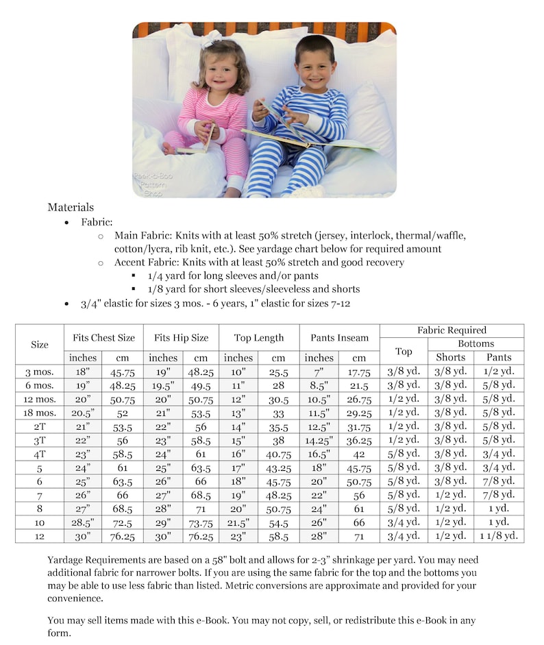 Puede incluir: Un gr&aacute;fico que muestra los requisitos de tela para hacer pijamas en tallas desde los 3 meses hasta los 12 a&ntilde;os. El gr&aacute;fico incluye medidas de pecho, cadera, largo de la parte superior y entrepierna en pulgadas y cent&iacute;metros. Tambi&eacute;n enumera la cantidad de tela necesaria para la parte superior, los pantalones cortos y los pantalones en yardas.