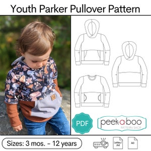 May include: A PDF sewing pattern for a youth pullover hoodie with a kangaroo pocket. The pattern is available in sizes 3 months to 12 years. The pattern is from peek-a-boo pattern shop.