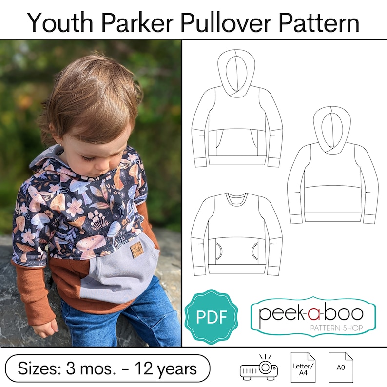 May include: A PDF sewing pattern for a youth pullover hoodie with a kangaroo pocket. The pattern is available in sizes 3 months to 12 years. The pattern is from peek-a-boo pattern shop.