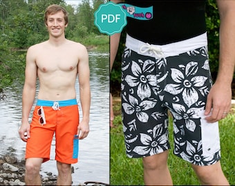 Puede incluir: Un patrón PDF para pantalones cortos de tabla para hombres. El patrón incluye tallas XS-XXXL y está disponible en tallas Letter/A4 y A0. La imagen muestra un modelo con pantalones cortos de tabla naranja y un primer plano del patrón de los pantalones cortos.