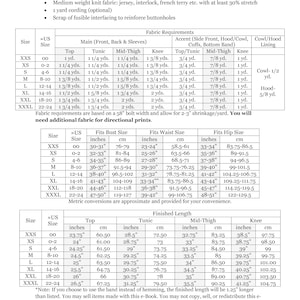 May include: A sewing pattern chart for a tunic top, mid-thigh length, and knee-length garment. The chart includes measurements in inches and centimeters for different sizes, from XXS to XXXL. The chart also includes fabric requirements for each size.