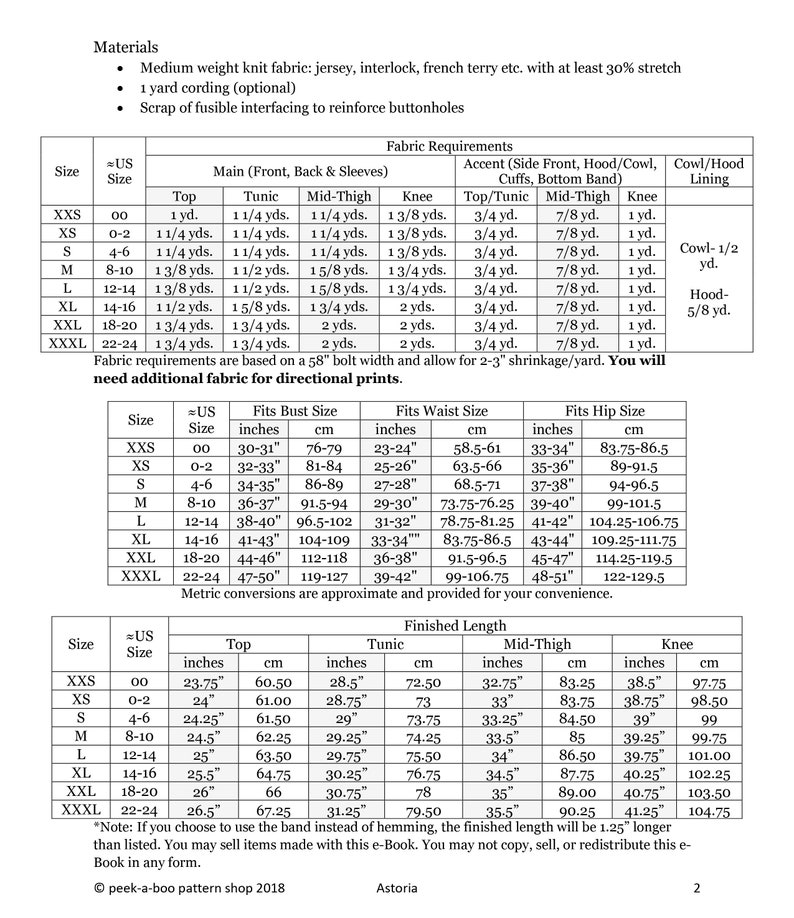 May include: A sewing pattern chart for a tunic top, mid-thigh length, and knee-length garment. The chart includes measurements in inches and centimeters for different sizes, from XXS to XXXL. The chart also includes fabric requirements for each size.