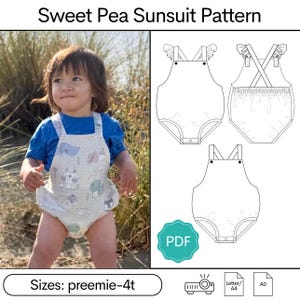 May include: A child wearing a light-colored sunsuit with a whimsical animal print. The image includes a pattern for the "Sweet Pea Sunsuit" with sizes from preemie to 4t. The pattern is available as a PDF.