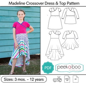 Madeline Crossover Dress and Top PDF Sewing Pattern: Girls Faux Wrap Dress, Fishtail skirt, High Low dress
