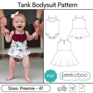 May include: A PDF pattern for a tank bodysuit for babies and toddlers. The pattern includes two styles: a ruffled tank bodysuit and a plain tank bodysuit. The pattern is available in sizes Preemie to 4T. The pattern is from peek-a-boo PATTERN SHOP.