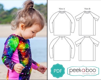 May include: A PDF sewing pattern for a rash guard for children, with sizes from 3 months to 12 years. The pattern includes two views: a long-sleeve rash guard and a short-sleeve rash guard. The pattern is available in letter and A0 sizes. The pattern is from peek-a-boo pattern shop.