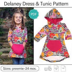 Delaney Dress & Tunic PDF Sewing Pattern: Girls tunic pattern, girls dress pattern, girls hoodie pattern