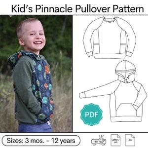 May include: A digital PDF pattern for a kid's pullover with a hood. The pattern includes sizes for ages 3 months to 12 years. The image shows a child wearing a green and blue pullover with a space-themed print. The pattern is available in Letter/A4 and A0 sizes.
