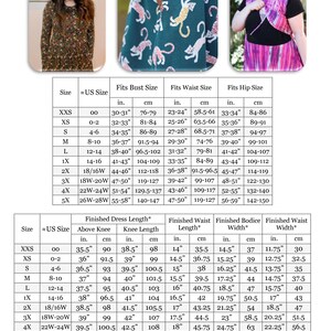 Pode incluir: Um gr&aacute;fico com informa&ccedil;&otilde;es de tamanhos para um vestido. O gr&aacute;fico inclui medidas para o busto, a cintura, o quadril, acima do joelho, o comprimento do joelho, o comprimento do vestido acabado, o comprimento da cintura acabado, a largura do corpete acabado e a largura da cintura acabada. As medidas est&atilde;o em polegadas e cent&iacute;metros.