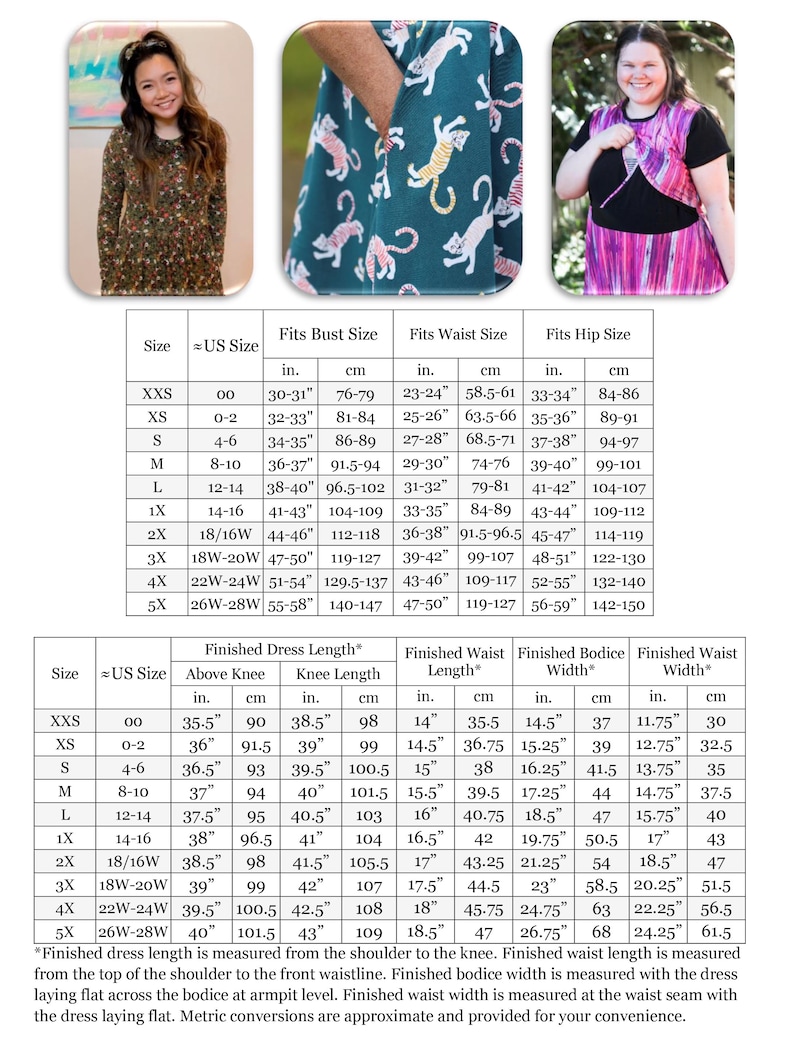Pode incluir: Um gr&aacute;fico com informa&ccedil;&otilde;es de tamanhos para um vestido. O gr&aacute;fico inclui medidas para o busto, a cintura, o quadril, acima do joelho, o comprimento do joelho, o comprimento do vestido acabado, o comprimento da cintura acabado, a largura do corpete acabado e a largura da cintura acabada. As medidas est&atilde;o em polegadas e cent&iacute;metros.