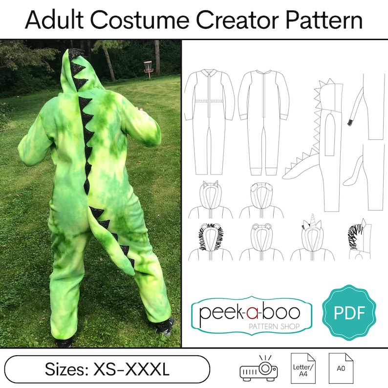 May include: A digital download pattern for creating a dinosaur costume. The pattern includes instructions for making a hooded jumpsuit with a tail and different head options. The pattern is available in sizes XS-XXXL. The image shows a person wearing a green and yellow dinosaur costume.