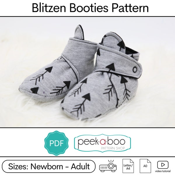 Blitzen Booties PDF Sewing Pattern: Baby booties sewing pattern, kids booties sewing pattern, adult booties pattern, slippers sewing pattern