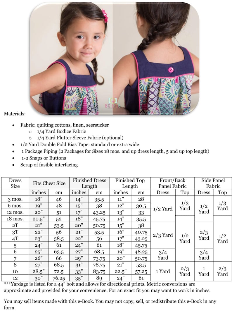 May include: A chart with instructions for making a sleeveless dress for a child. The chart includes measurements for different sizes, from 3 months to 12 years old. The chart also includes the amount of fabric needed for each size.