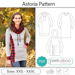 May include: A digital sewing pattern for a hooded tunic dress with a cowl neck and a side panel of plaid fabric. The pattern is available in sizes XXS to XXXL and is available as a PDF download. The pattern is from peek-a-boo PATTERN SHOP.
