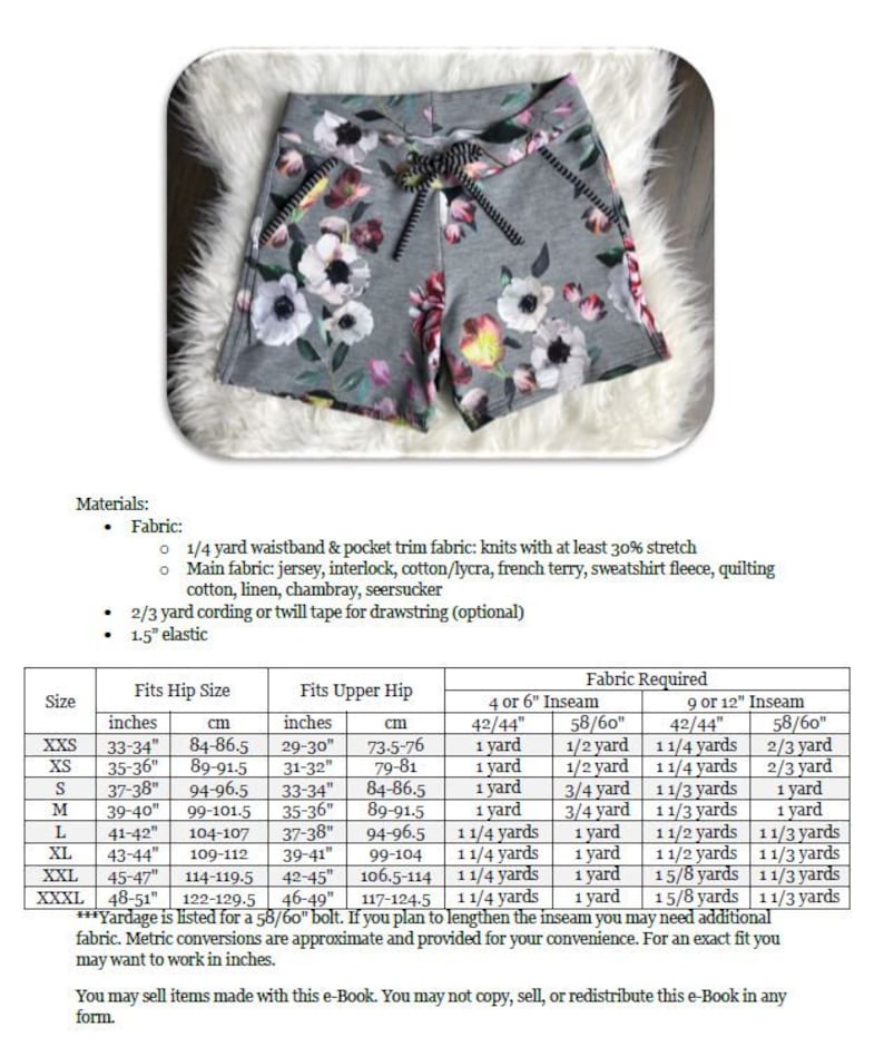 Pu&ograve; includere: Una tabella con i requisiti di tessuto per cucire pantaloncini in diverse taglie. La tabella elenca la taglia, la misura del fianco in pollici e centimetri, la misura del fianco superiore in pollici e centimetri, e i requisiti di tessuto per un cavallo di 4 o 6 pollici e un cavallo di 9 o 12 pollici.