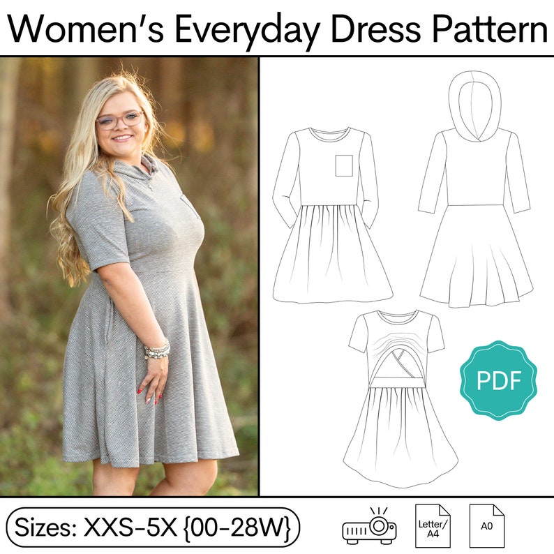 Pode incluir: Um padr&atilde;o digital para um vestido casual para mulher. O padr&atilde;o inclui tr&ecirc;s estilos diferentes: um vestido com bolso, um vestido com capuz e um vestido com decote cruzado. O padr&atilde;o est&aacute; dispon&iacute;vel nos tamanhos XXS-5X (00-28W).
