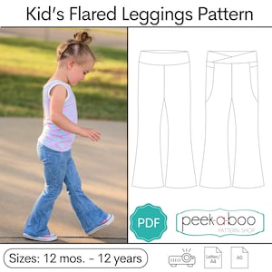 May include: A digital sewing pattern for flared leggings for children, sizes 12 months to 12 years. The pattern includes two views: one with a simple waistband and one with a crossover waistband. The pattern is available in PDF format and includes instructions for printing on Letter/A4 or A0 paper.