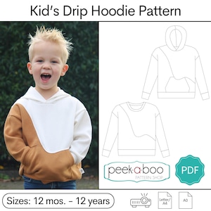 May include: A digital sewing pattern for a kid's hoodie with a unique curved design. The pattern is available in sizes 12 months to 12 years and is in PDF format. The pattern is shown on a white background with a child wearing a similar hoodie.