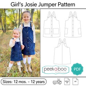 May include: A digital sewing pattern for a girl's jumper, called "Josie Jumper". The pattern is available in sizes 12 months to 12 years. The pattern is shown on two girls wearing the jumper, one in blue corduroy and one in a floral print. The pattern is available as a PDF download.