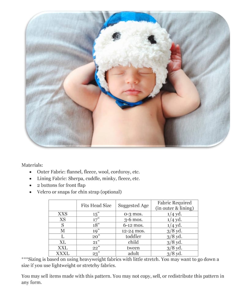 May include: A chart showing the fabric requirements for a baby hat pattern in different sizes. The chart lists the head size in inches, the suggested age, and the amount of fabric needed in yards. The chart is titled "Fits Head Size", "Suggested Age", and "Fabric Required (in outer & lining)".