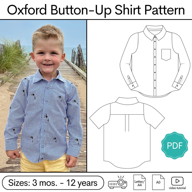 Puede incluir: Un patr&oacute;n PDF para una camisa abotonada para ni&ntilde;os, tallas de 3 meses a 12 a&ntilde;os. El patr&oacute;n incluye una opci&oacute;n de manga larga y manga corta. La imagen muestra a un ni&ntilde;o usando una camisa a rayas azul y blanca con un estampado de palmeras.