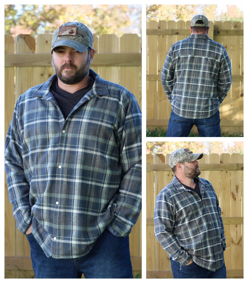 May include: A blue and green plaid flannel shirt with a button-up front and long sleeves. The shirt is worn by a person with a beard and a camouflage baseball cap.