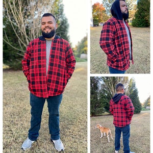 May include: A red and black plaid flannel shirt with a black hooded liner. The shirt has a button-up front and pockets on the sides.