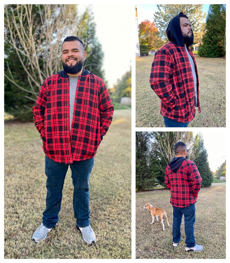 May include: A red and black plaid flannel shirt with a black hooded liner. The shirt has a button-up front and pockets on the sides.