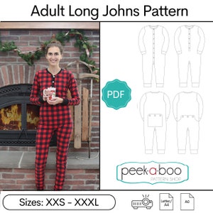 Adult Long Johns PDF Sewing Pattern: Adult One-Piece Pajamas, Adult Union Suit, Family PJs image 1